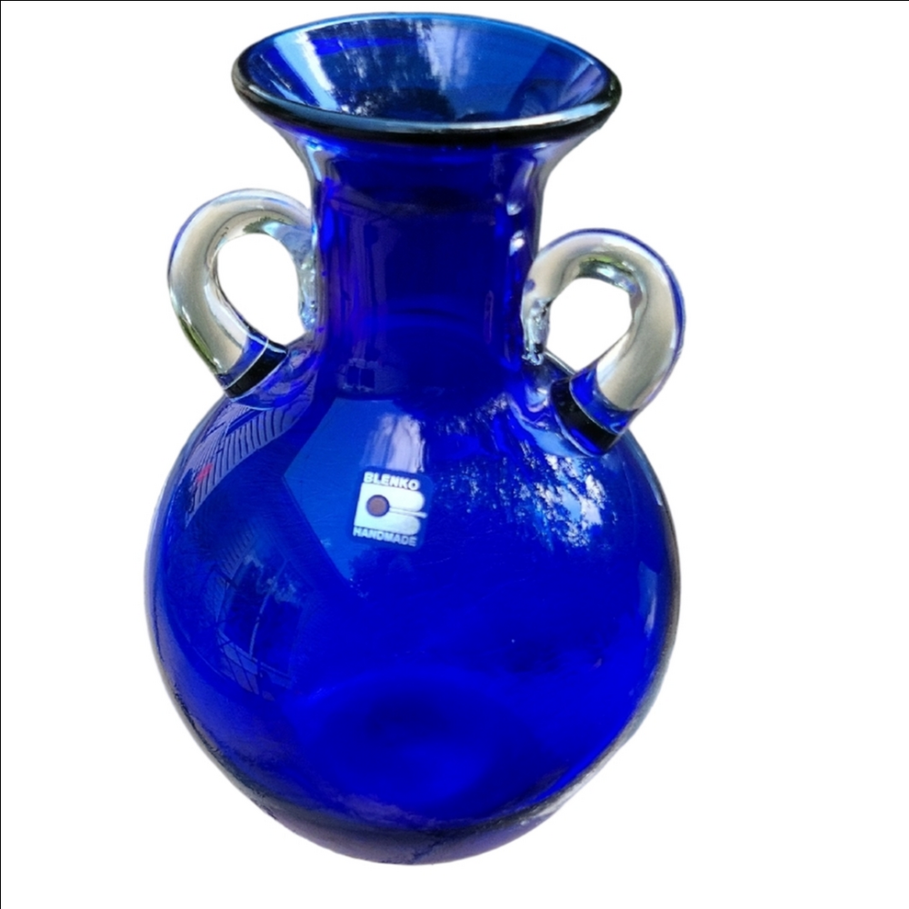 Vintage Blenko Cobalt Blue Clear Crystal Handmade Blown Glass Vase Urn Rare 8x6